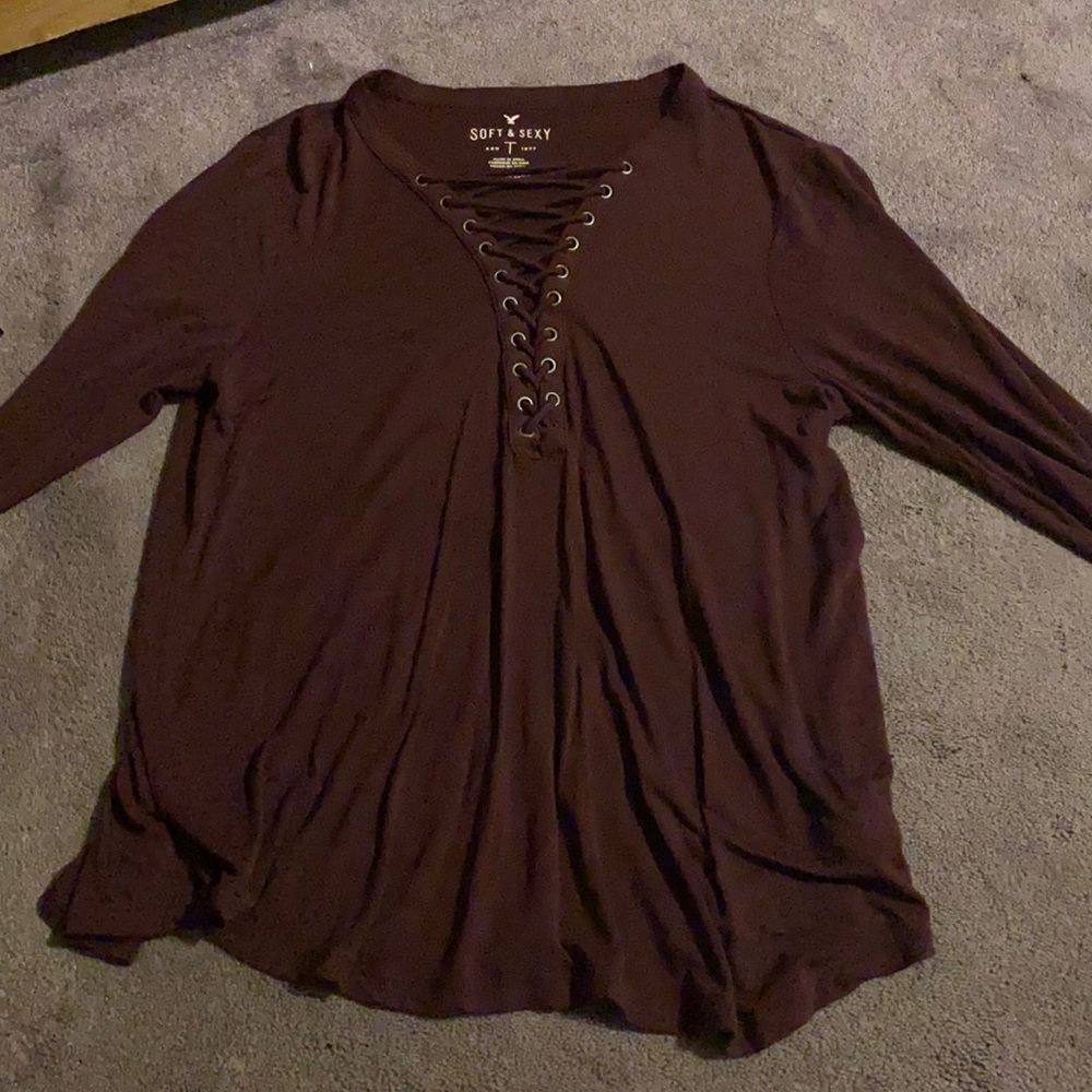 Red Long Sleeve V Neck